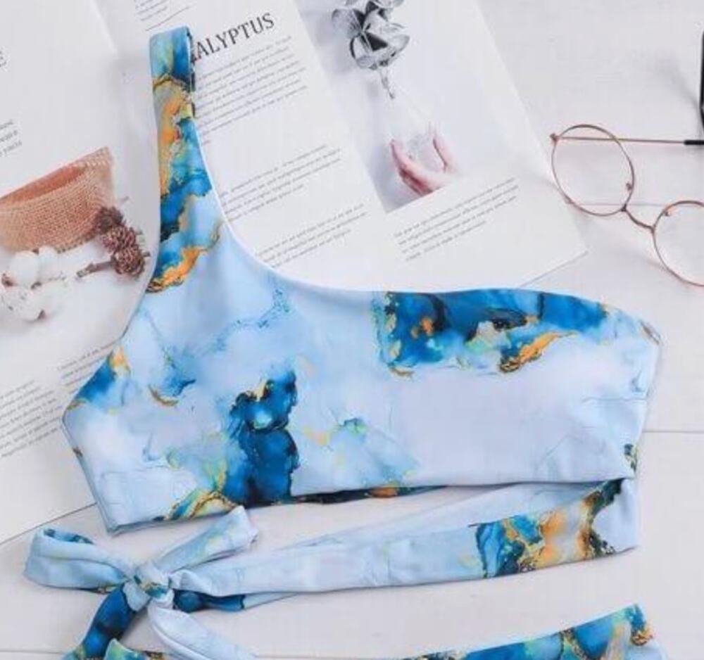 Blue gold marble print asymmetrical self tie one shoulder bikini top medium